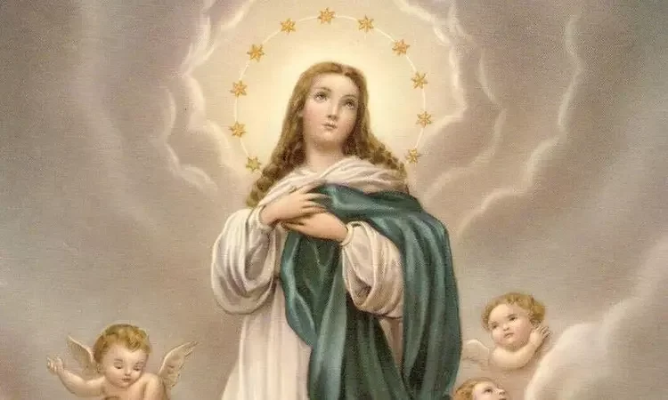 Ilustração religiosa de Nossa Senhora da Imaculada Conceição com manto verde e branco, mãos sobre o peito, cercada por anjos e uma auréola de estrelas no céu.